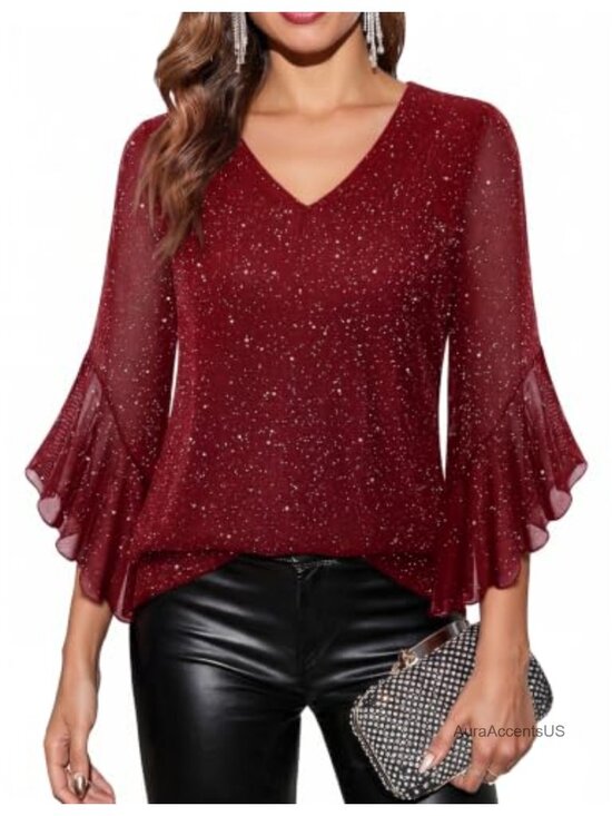Tops - Sequined 3/4 Sleeve V-Neck Tunic Blouse Dressy Sparkly Party Top